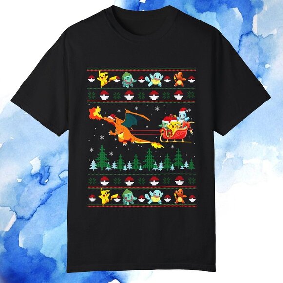 Pokemon And Dinosaur Santa Hat Christmas Shirt - Picture 1 of 4